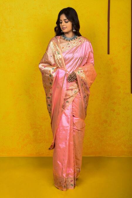 Shop Naaritva India Pink Silk Zari Kadhwa Handwoven Banarasi Saree With Running Blouse Online at Aza Fashions Shop_Naaritva India_Pink Silk Zari Kadhwa Handwoven Banarasi Saree With Running Blouse _Online_at_Aza_Fashions