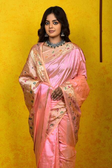 Naaritva India Pink Silk Zari Kadhwa Handwoven Banarasi Saree With Running Blouse at Aza Fashions Naaritva India_Pink Silk Zari Kadhwa Handwoven Banarasi Saree With Running Blouse _at_Aza_Fashions
