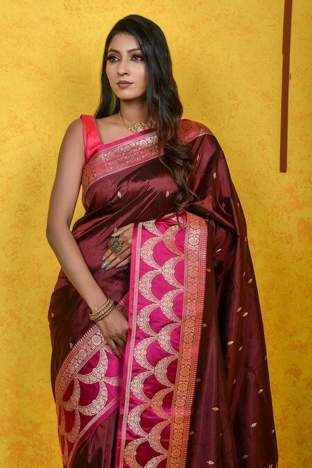 Buy_Naaritva India_Brown Knit Zari Scalloped Handwoven Banarasi Saree With Running Blouse_Online_at_Aza_Fashions