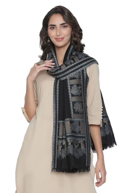 Shingora_Black Woven Floral Border Shawl _Online_at_Aza_Fashions