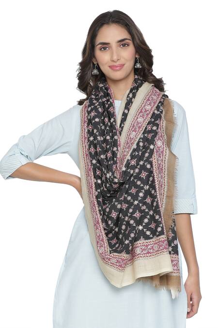 Shingora_Black Woven Pure Wool Floral Embroidered Jaali Shawl_Online_at_Aza_Fashions
