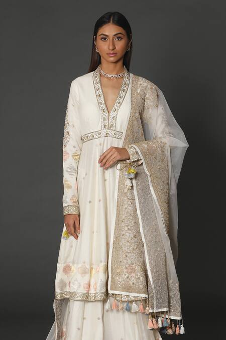Rar Studio_Ivory Chanderi, Silk, Cotton Embroidery, Tassels V-neck Anarkali Set_Online_at_Aza_Fashions