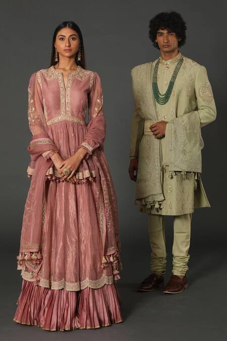 Rar Studio Pink Chanderi, Silk Embroidery, Lace, Tassels Mandarin Collar Peplum Lehenga Set Online at Aza Fashions Rar Studio_Pink Chanderi, Silk Embroidery, Lace, Tassels Mandarin Collar Peplum Lehenga Set_Online_at_Aza_Fashions