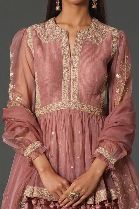 Shop Rar Studio Pink Chanderi, Silk Embroidery, Lace, Tassels Mandarin Collar Peplum Lehenga Set Online at Aza Fashions Shop_Rar Studio_Pink Chanderi, Silk Embroidery, Lace, Tassels Mandarin Collar Peplum Lehenga Set_Online_at_Aza_Fashions