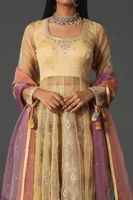 Rar Studio_Beige Chanderi, Silk, Cotton Sequins, Embroidery, Hand Blouse Lehenga Set_Online_at_Aza_Fashions
