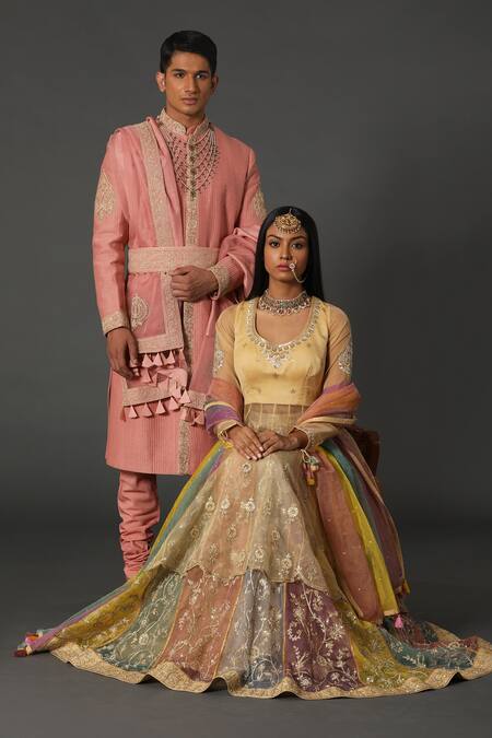 Buy_Rar Studio_Beige Chanderi, Silk, Cotton Sequins, Embroidery, Hand Blouse Lehenga Set_Online_at_Aza_Fashions