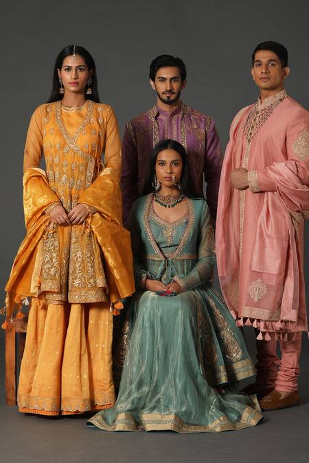 Rar Studio Orange Chanderi, Silk, Cotton Embroidery, Hand Angrakha Kurta Lehenga Set Online at Aza Fashions Rar Studio_Orange Chanderi, Silk, Cotton Embroidery, Hand Angrakha Kurta Lehenga Set_Online_at_Aza_Fashions
