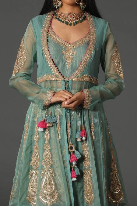 Rar Studio Green Chanderi, Silk, Cotton Embroidery, Tassels Dori Hand Jacket Lehenga Set Online at Aza Fashions Rar Studio_Green Chanderi, Silk, Cotton Embroidery, Tassels Dori Hand Jacket Lehenga Set_Online_at_Aza_Fashions