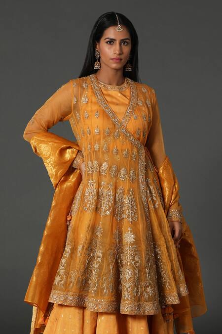 Buy Rar Studio Orange Chanderi, Silk, Cotton Embroidery, Hand Angrakha Kurta Lehenga Set Online at Aza Fashions Buy_Rar Studio_Orange Chanderi, Silk, Cotton Embroidery, Hand Angrakha Kurta Lehenga Set_Online_at_Aza_Fashions