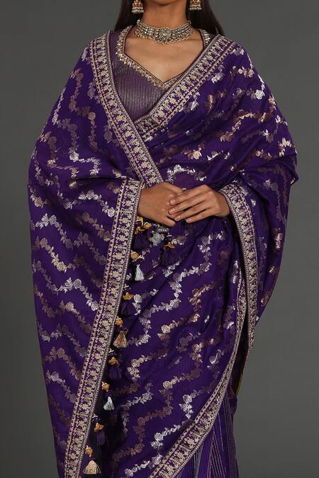 Rar Studio_Purple Silk, Cotton, Zari, Hand Saree With Blouse_Online_at_Aza_Fashions
