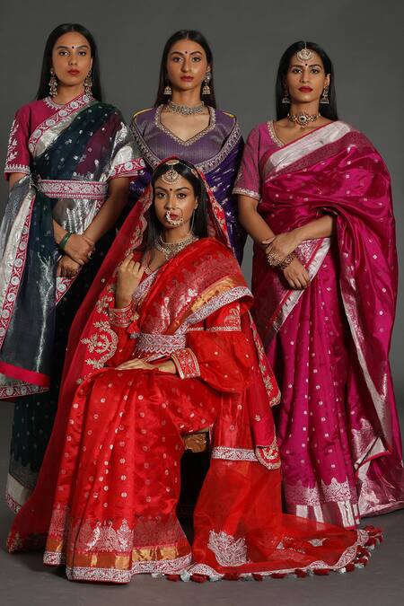 Rar Studio Red Chanderi, Silk, Cotton Embroidery, Tassels Hand Woven Saree With Blouse Online at Aza Fashions Rar Studio_Red Chanderi, Silk, Cotton Embroidery, Tassels Hand Woven Saree With Blouse_Online_at_Aza_Fashions