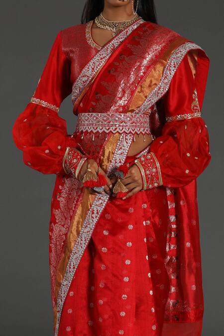 Buy Rar Studio Red Chanderi, Silk, Cotton Embroidery, Tassels Hand Woven Saree With Blouse Online at Aza Fashions Buy_Rar Studio_Red Chanderi, Silk, Cotton Embroidery, Tassels Hand Woven Saree With Blouse_Online_at_Aza_Fashions