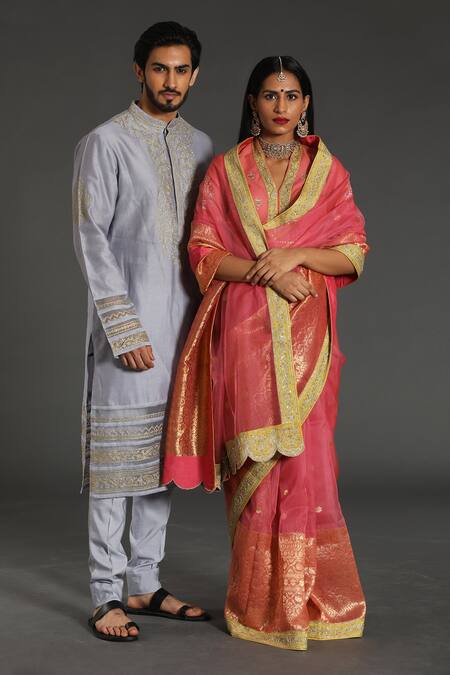 Buy Rar Studio Pink Chanderi Embroidery V-neck Thread Hand Saree With Blouse Online at Aza Fashions Buy_Rar Studio_Pink Chanderi Embroidery V-neck Thread Hand Saree With Blouse_Online_at_Aza_Fashions