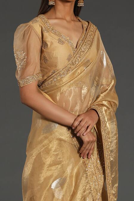 Rar Studio Gold Chanderi, Silk, Cotton Embroidery Boat Neck Dori Hand Saree With Blouse Online at Aza Fashions Rar Studio_Gold Chanderi, Silk, Cotton Embroidery Boat Neck Dori Hand Saree With Blouse_Online_at_Aza_Fashions