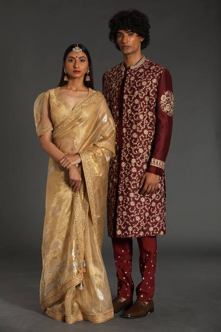 Buy Rar Studio Gold Chanderi, Silk, Cotton Embroidery Boat Neck Dori Hand Saree With Blouse Online at Aza Fashions Buy_Rar Studio_Gold Chanderi, Silk, Cotton Embroidery Boat Neck Dori Hand Saree With Blouse_Online_at_Aza_Fashions