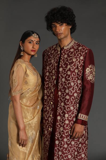 Shop Rar Studio Gold Chanderi, Silk, Cotton Embroidery Boat Neck Dori Hand Saree With Blouse Online at Aza Fashions Shop_Rar Studio_Gold Chanderi, Silk, Cotton Embroidery Boat Neck Dori Hand Saree With Blouse_Online_at_Aza_Fashions