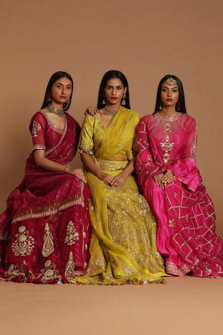 Rar Studio_Fuchsia Chanderi, Silk, Cotton Tassels, Embroidery Round Top And Tier Skirt Set_Online_at_Aza_Fashions