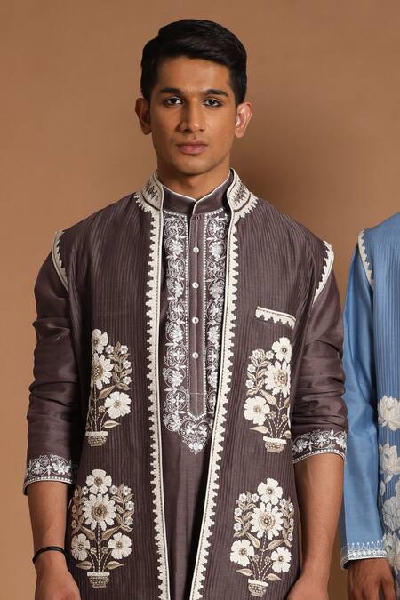 Rar Studio_Grey Chanderi Handloom (50%silk X Flower Vase Jacket Kurta Set _Online_at_Aza_Fashions