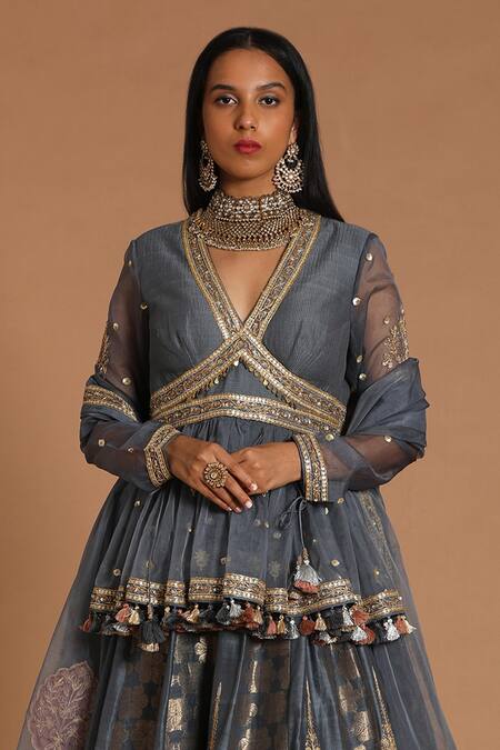 Shop Rar Studio Grey Chanderi, Silk, Cotton Sequins, Floral Dori Hand Embroidered Lehenga Set Online at Aza Fashions Shop_Rar Studio_Grey Chanderi, Silk, Cotton Sequins, Floral Dori Hand Embroidered Lehenga Set_Online_at_Aza_Fashions
