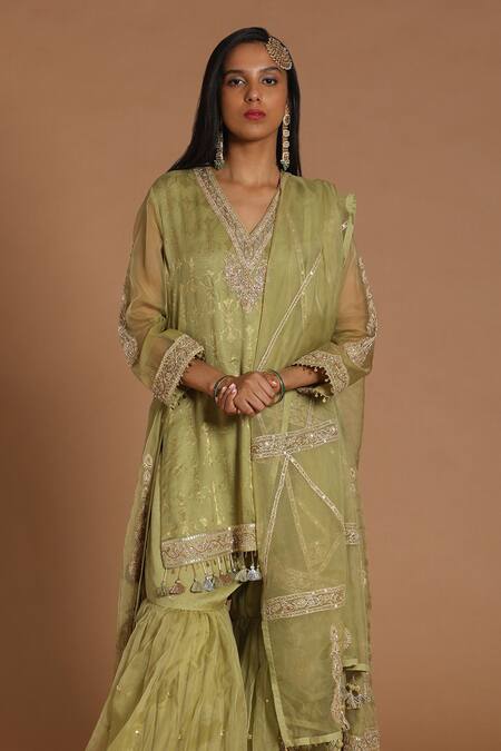 Rar Studio Green Chanderi, Cotton Sequins, Tassels, Embroidery Dori Kurta Sharara Set Online at Aza Fashions Rar Studio_Green Chanderi, Cotton Sequins, Tassels, Embroidery Dori Kurta Sharara Set_Online_at_Aza_Fashions