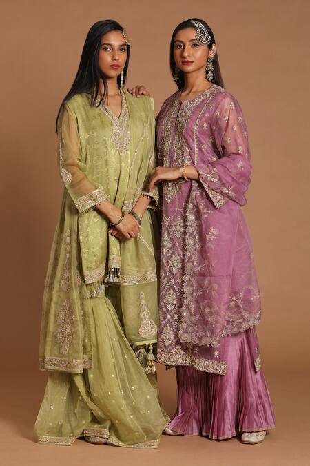 Buy Rar Studio Green Chanderi, Cotton Sequins, Tassels, Embroidery Dori Kurta Sharara Set Online at Aza Fashions Buy_Rar Studio_Green Chanderi, Cotton Sequins, Tassels, Embroidery Dori Kurta Sharara Set_Online_at_Aza_Fashions