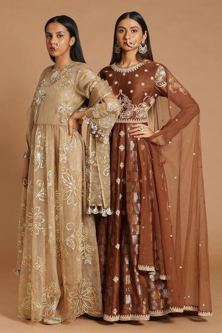 Buy_Rar Studio_Brown Chanderi, Silk, Cotton Embroidery Round Dori Anarkali With Attached Cape_Online_at_Aza_Fashions