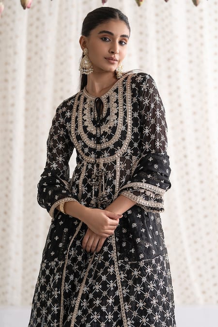 Shop Mulmul Black 100% Pure Mulmul Embroidery Thread Rasiya Anarkali Pant Set Online at Aza Fashions Shop_Mulmul_Black 100% Pure Mulmul Embroidery Thread Rasiya Anarkali Pant Set _Online_at_Aza_Fashions