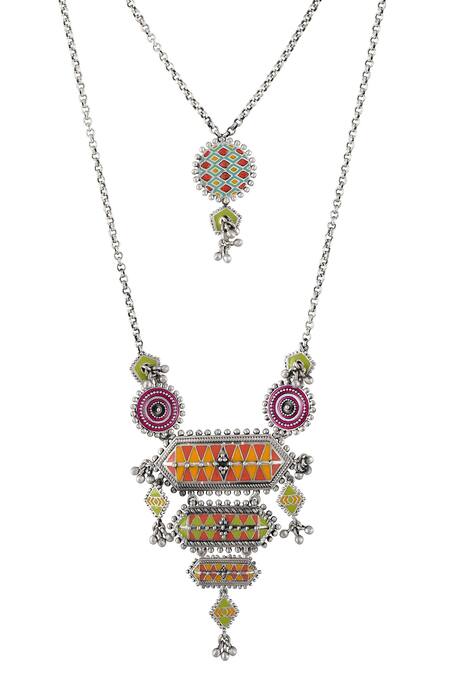 Tribe Amrapali_Multi Color Enamel Nirali Ghungroo Layered Pendant Necklace _Online_at_Aza_Fashions