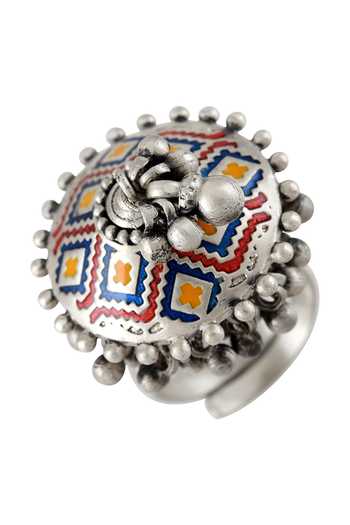 Buy Tribe Amrapali Multi Color Enamel Kilim Ghungroo Ring Online at Aza Fashions Buy_Tribe Amrapali_Multi Color Enamel Kilim Ghungroo Ring _Online_at_Aza_Fashions