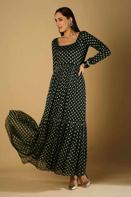 Buy Monk & Mei By Sonia Anand Emerald Green Georgette, Brocade Zari, Embroidery Scoop Floral Woven Anarkali Online at Aza Fashions Buy_Monk & Mei By Sonia Anand_Emerald Green Georgette, Brocade Zari, Embroidery Scoop Floral Woven Anarkali _Online_at_Aza_Fashions