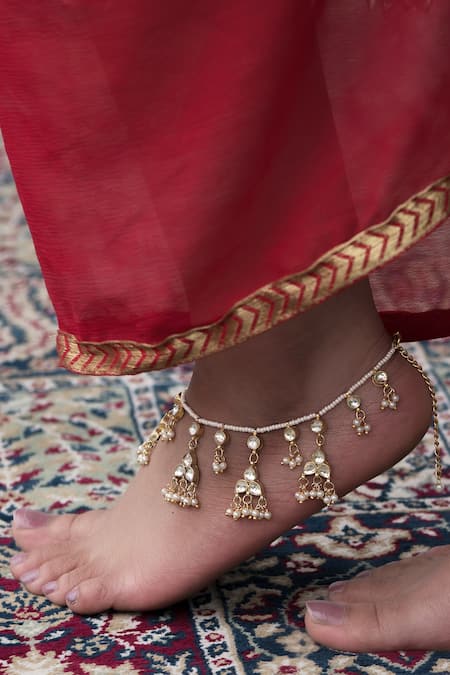 Buy_Paisley Pop_Gold Plated Pearls, Zari Kundan Embellished Anklets - Set Of 2 _Online_at_Aza_Fashions