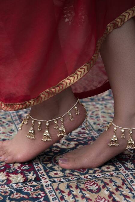 Shop_Paisley Pop_Gold Plated Pearls, Zari Kundan Embellished Anklets - Set Of 2 _Online_at_Aza_Fashions
