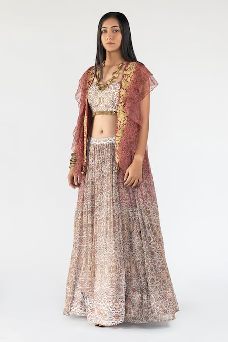 Nikita Vishakha_White Net, Georgette, Printed Sequins Persian Inspired Ruffle Lehenga Set_Online_at_Aza_Fashions