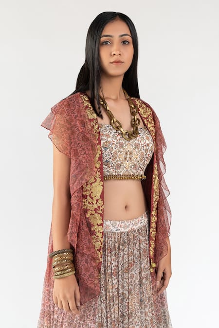 Buy_Nikita Vishakha_White Net, Georgette, Printed Sequins Persian Inspired Ruffle Lehenga Set_Online_at_Aza_Fashions