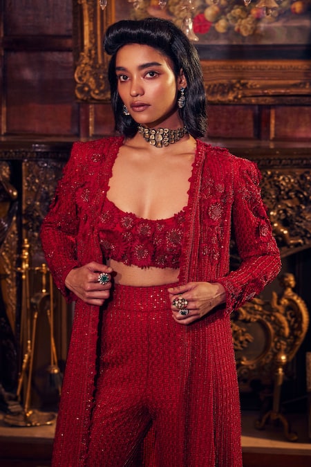 Ridhima Bhasin_Red Georgette And Mehram 3d Floral Jacket & Bell Bottom Pant Set  _Online_at_Aza_Fashions