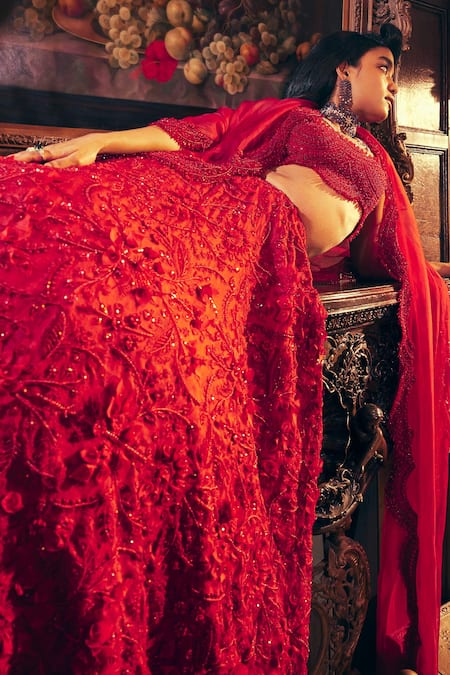 Ridhima Bhasin Red Organza Sequins, Crystals, Maryam Floral Embroidered Bridal Lehenga Set Online at Aza Fashions Ridhima Bhasin_Red Organza Sequins, Crystals, Maryam Floral Embroidered Bridal Lehenga Set _Online_at_Aza_Fashions