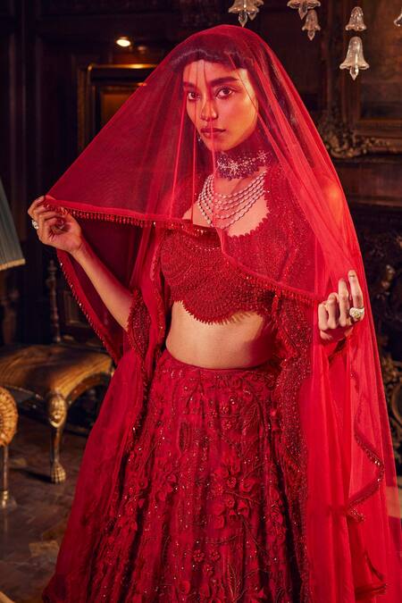 Shop Ridhima Bhasin Red Organza Sequins, Crystals, Maryam Floral Embroidered Bridal Lehenga Set Online at Aza Fashions Shop_Ridhima Bhasin_Red Organza Sequins, Crystals, Maryam Floral Embroidered Bridal Lehenga Set _Online_at_Aza_Fashions
