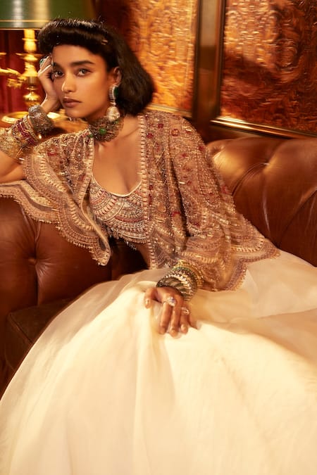 Ridhima Bhasin_Ivory Net Hand Embroidered Sequin Cape Zeenat Organza Skirt Set  _Online_at_Aza_Fashions