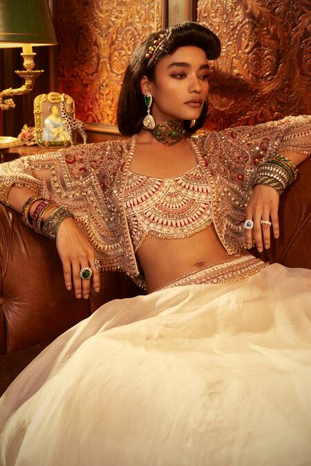 Buy_Ridhima Bhasin_Ivory Net Hand Embroidered Sequin Cape Zeenat Organza Skirt Set  _Online_at_Aza_Fashions
