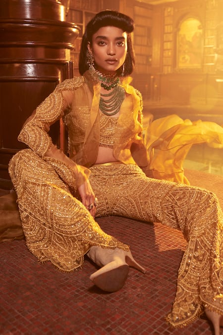 Ridhima Bhasin Yellow Organza Sequins, Beads Round Neck Waqea Embroidered Jacket Palazzo Set Online at Aza Fashions Ridhima Bhasin_Yellow Organza Sequins, Beads Round Neck Waqea Embroidered Jacket Palazzo Set _Online_at_Aza_Fashions