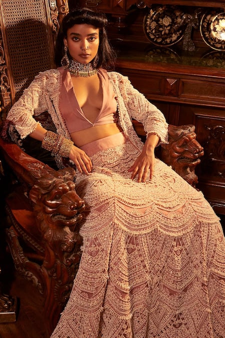 Ridhima Bhasin Purple Organza And Cotton Rubaab Asymmetric Pearl Jacket Skirt Set Online at Aza Fashions Ridhima Bhasin_Purple Organza And Cotton Rubaab Asymmetric Pearl Jacket Skirt Set _Online_at_Aza_Fashions