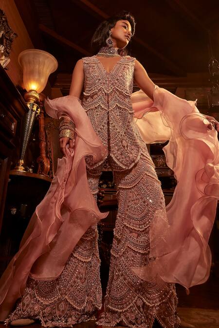 Ridhima Bhasin Purple Organza Embroidery Pearls V Neck Rooh Tunic Sharara Set Online at Aza Fashions Ridhima Bhasin_Purple Organza Embroidery Pearls V Neck Rooh Tunic Sharara Set _Online_at_Aza_Fashions