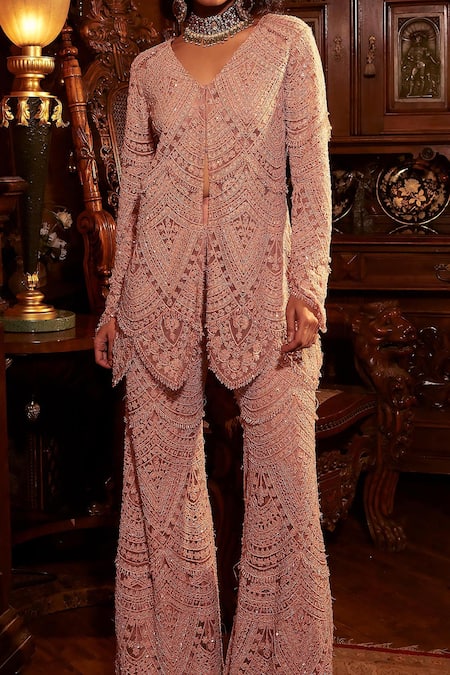 Buy Ridhima Bhasin Pink Organza Embroidery Sequin V Rukh Beads Tunic With Sharara Pant Online at Aza Fashions Buy_Ridhima Bhasin_Pink Organza Embroidery Sequin V Rukh Beads Tunic With Sharara Pant _Online_at_Aza_Fashions