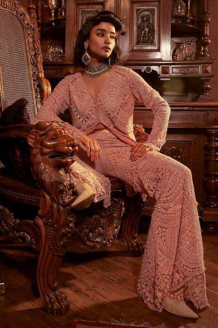 Ridhima Bhasin Pink Organza Embroidery Sequin V Rukh Beads Tunic With Sharara Pant Online at Aza Fashions Ridhima Bhasin_Pink Organza Embroidery Sequin V Rukh Beads Tunic With Sharara Pant _Online_at_Aza_Fashions