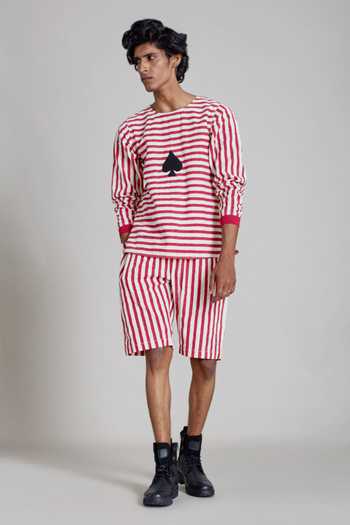 Shop_MATI_Off White 100% Cotton Striped T-shirt And Shorts Set_Online_at_Aza_Fashions