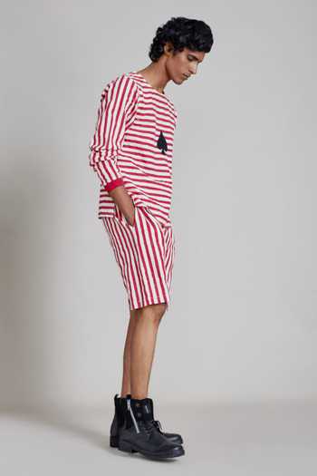 MATI_Off White 100% Cotton Striped T-shirt And Shorts Set_at_Aza_Fashions