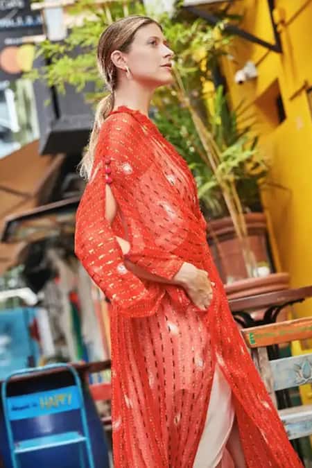 Style Junkiie Red Embroidery Bandhani Kimono Duster Jacket Online at Aza Fashions Style Junkiie_Red Embroidery Bandhani Kimono Duster Jacket _Online_at_Aza_Fashions