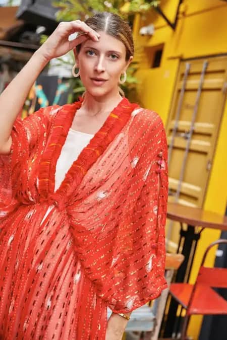Shop Style Junkiie Red Embroidery Bandhani Kimono Duster Jacket Online at Aza Fashions Shop_Style Junkiie_Red Embroidery Bandhani Kimono Duster Jacket _Online_at_Aza_Fashions