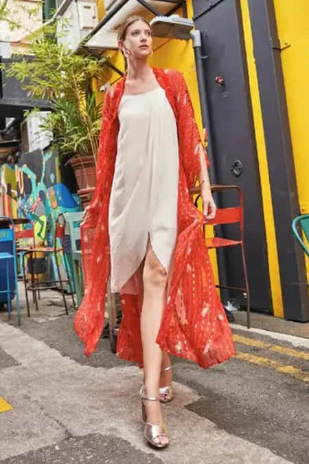 Style Junkiie Red Embroidery Bandhani Kimono Duster Jacket at Aza Fashions Style Junkiie_Red Embroidery Bandhani Kimono Duster Jacket _at_Aza_Fashions
