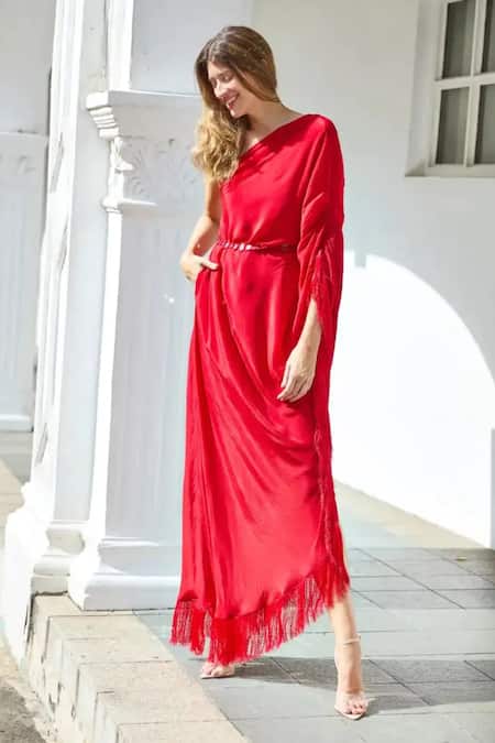 Style Junkiie_Red Crepe Tassels, Mirrors Asymmetric Embellished One Shoulder Kaftan Dress _at_Aza_Fashions
